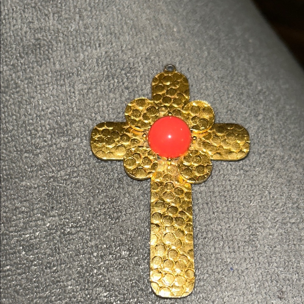 Art Gold Hammered Cross Pendant with Orangish Peach Accent Charm